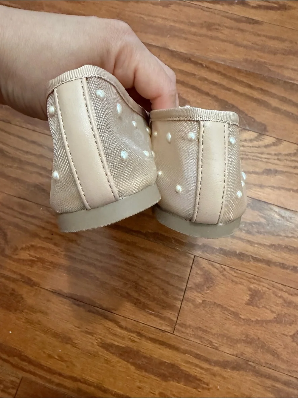 art class Girls Peach-Beige Pearl Mesh Mary Jane Ballet Flats